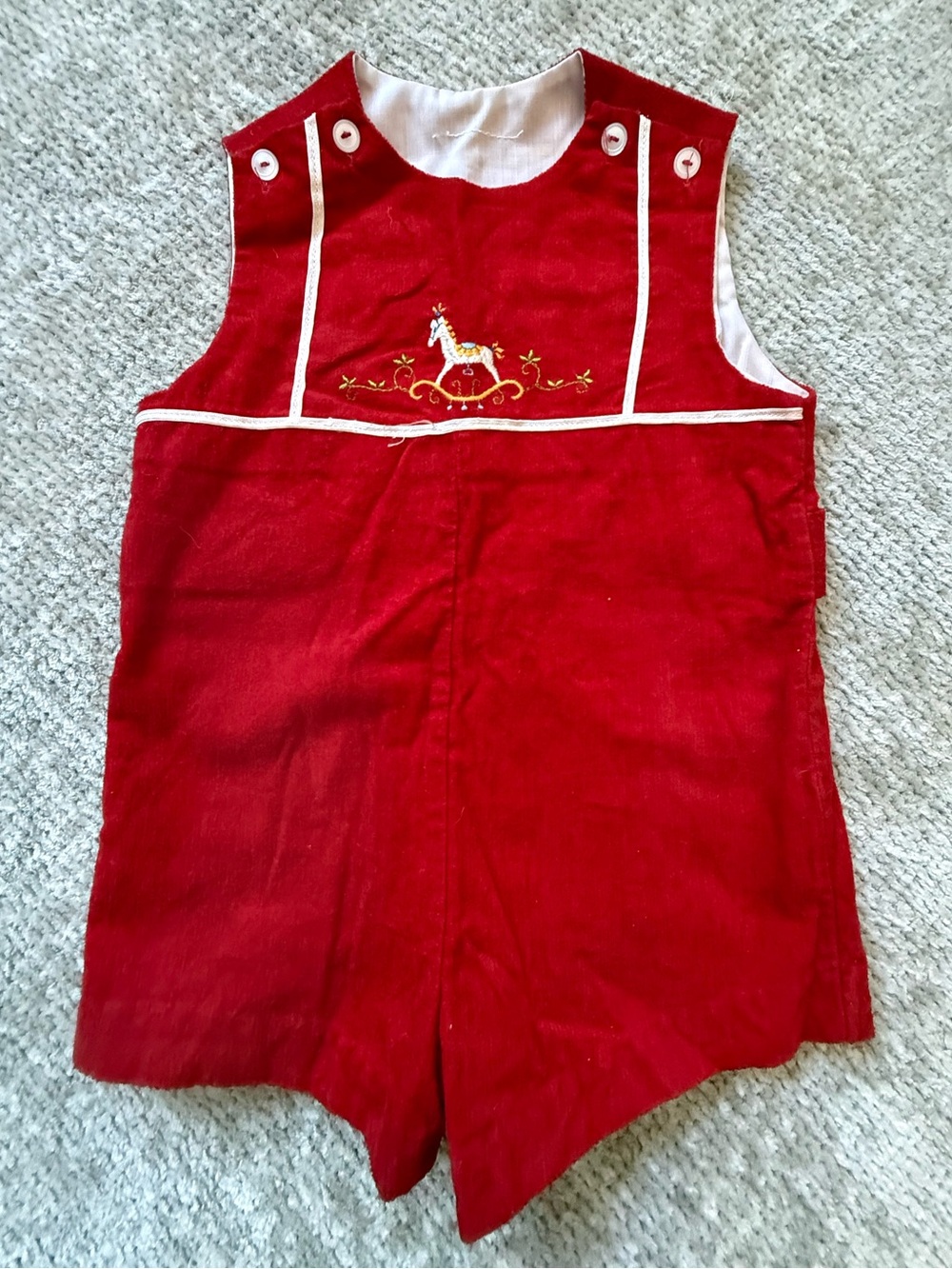 Vintage Boys Red Velvet Rocking Horse Embroidered Jon Jon Romper Approx 2T